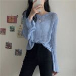 Women's Knitwear Autumn New Korean Style Ice Silk Hollow-out Knitted Blouse Outer Wear Thin Pullover Long Sleeve Sweater Fashion - Image 7