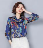 Western Style Loose Stand Collar Imitation Silk Blouse - Image 5