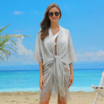 Gold And Silver Silk Split Vacation Beach Blouse Bikini - Image 2