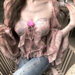 Printed Bay Sleeve Waist-tight Silk Craft Chiffon Blouses For Women