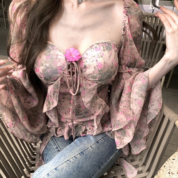 61601299-7411-468f-9a23-6827cae01628.jpg Printed Bay Sleeve Waist-tight Silk Craft Chiffon Blouses For Women - Image 1