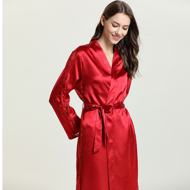 90d0e121-2e27-4c00-97f3-ad35e96c272e.jpg Fashion Ladies Pajamas Imitation Silk Nightgown Lace Sexy Long Nightgown Bathrobe - Image 1