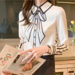 Silk Blouse Women Fake Bow-knot Printing Blouse Satin Silk Long-sleeved Shirt