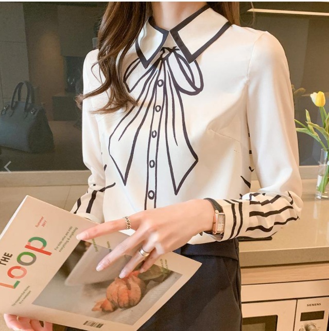 9e7eb7e5-6766-4583-a174-c47e744bfbc5.jpg Silk Blouse Women Fake Bow-knot Printing Blouse Satin Silk Long-sleeved Shirt - Image 1