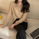 Women's Knitwear Autumn New Korean Style Ice Silk Hollow-out Knitted Blouse Outer Wear Thin Pullover Long Sleeve Sweater Fashion - Image 2