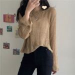 Women's Knitwear Autumn New Korean Style Ice Silk Hollow-out Knitted Blouse Outer Wear Thin Pullover Long Sleeve Sweater Fashion - Image 4