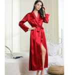 Faux Silk Lapel Long Nightgown Sexy Lace-up Pajamas - Image 3
